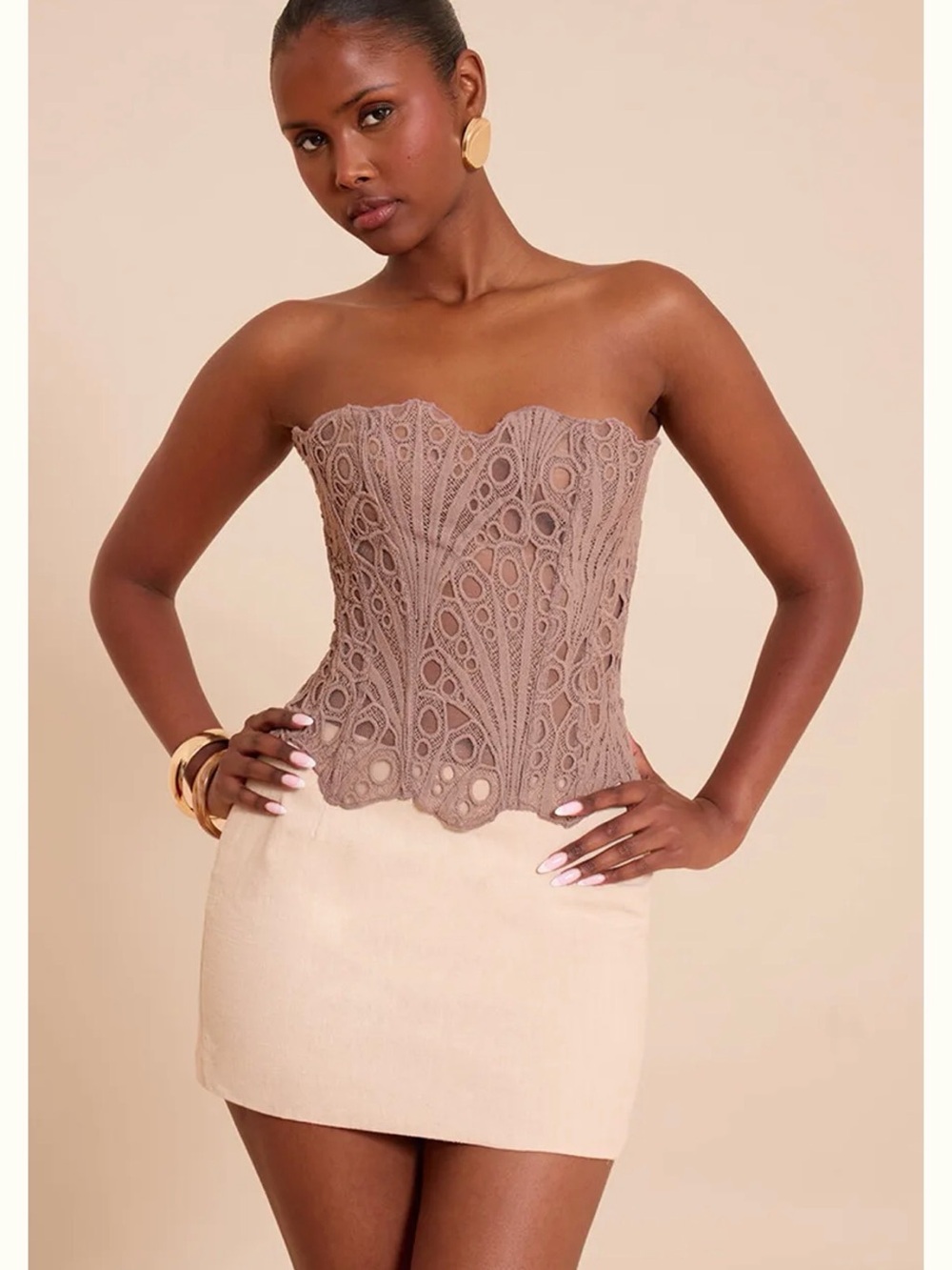 PrettyLittleThing Taupe Crochet Strapless Bustier Top